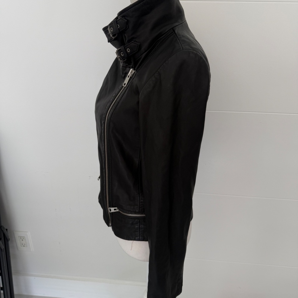 All Saints Black Leather Cropped Bomber High Neck Jacket US 6 - Picture 2 of 11